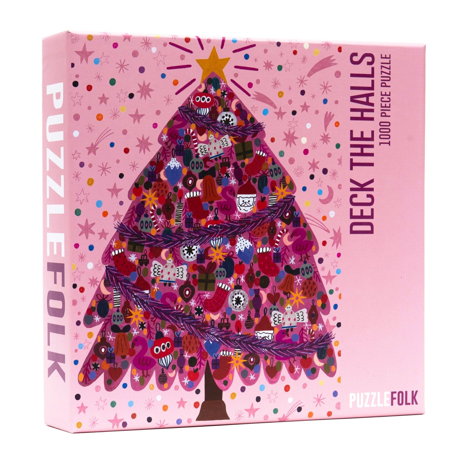 Deck the Halls 1000 Piece Jigsaw Puzzle by Puzzle Folk Box cover with a pink Christmas tree