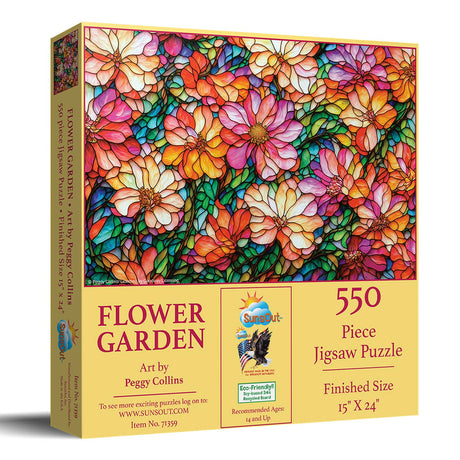 Stained-glass style flowers in vibrant 550 piece jigsaw puzzle by Peggy Collins