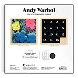 Back of the box of the Andy Warhol 2-in-1 sliding wood puzzle by Galison