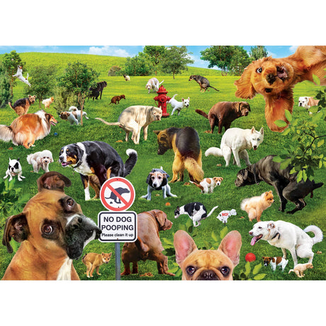 Completed Super Dooper Poopers puzzle featuring funny dogs at a busy dog park by Masterpieces