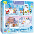 Puzzle box by MasterPieces showing the Frosty the Snowman 4-Pack puzzles with images of Frosty in various scenes each with 100 pieces