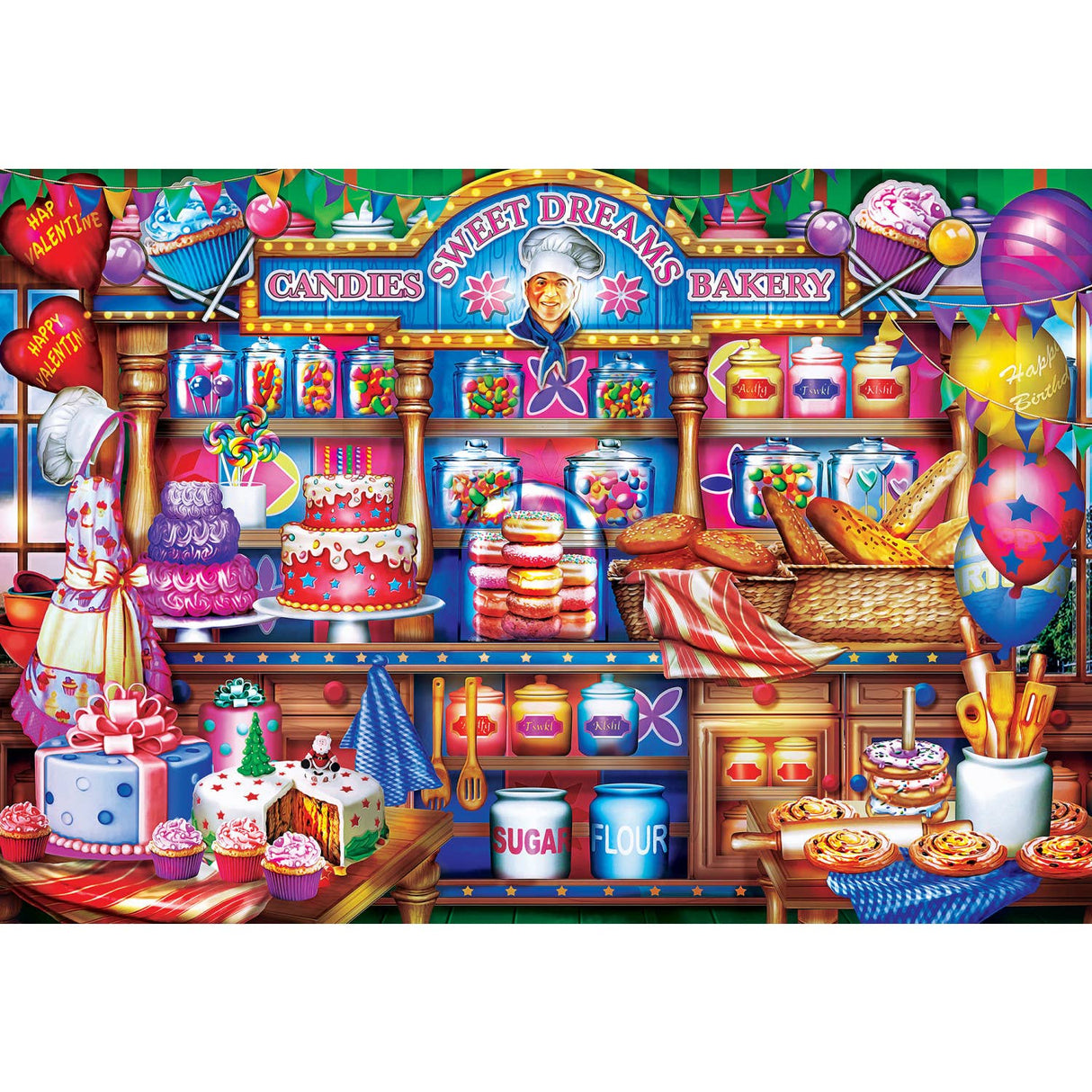 Sweet Dreams Bakery puzzle by Masterpieces finished puzzle displaying a detailed bakery scene