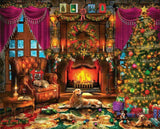 Cozy Christmas 1000 piece puzzle by Springbok featuring a cozy fireplace, Christmas tree, and playful puppies