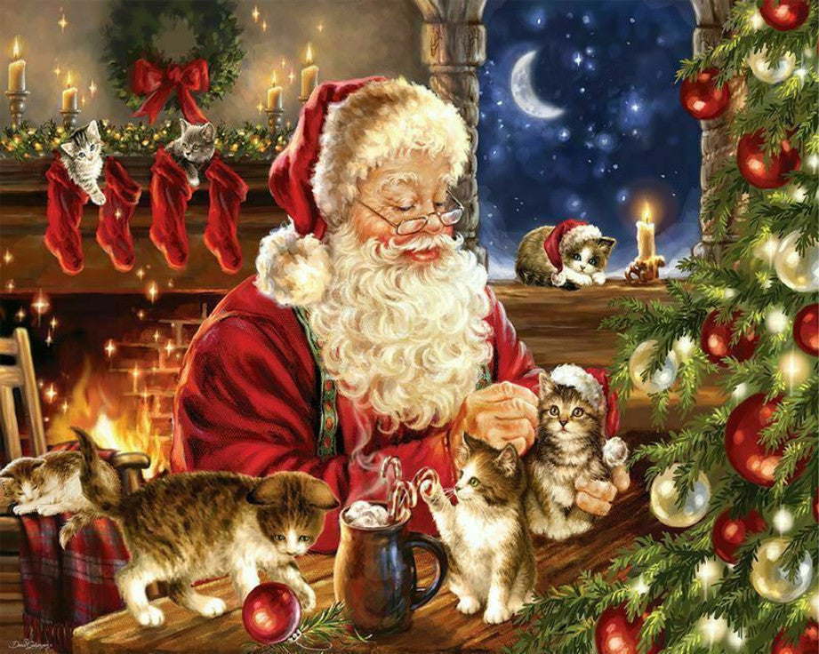 Christmas Kittens 1000 piece puzzle by Springbok featuring playful kittens with Santa in a festive holiday scene with a fireplace and Christmas tree