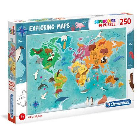 Supercolor Exploring Maps Animals in the World 250 piece puzzle from Clementoni featuring vibrant animal illustrations