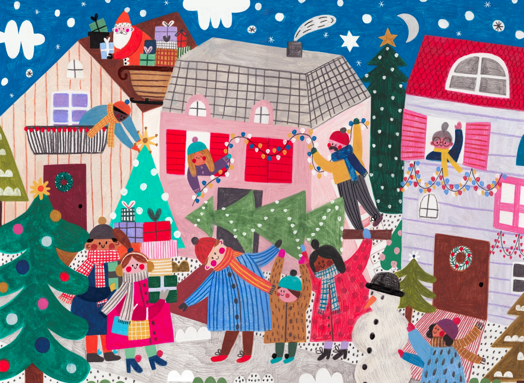 Festive neighborhood 500 piece puzzle Christmas puzzle by Puzzlefolk