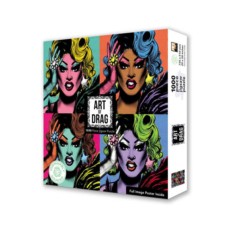 Sustainable jigsaw puzzle featuring bold drag queen art and made from eco-friendly materials