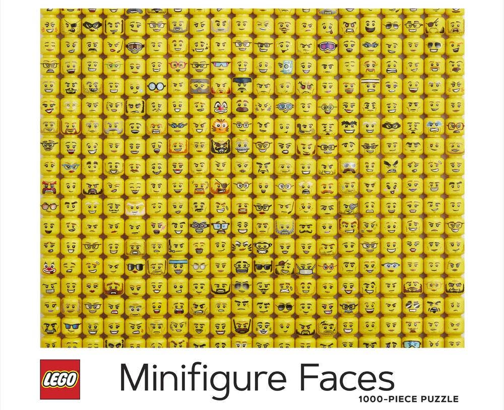 LEGO Minifigure Faces 1000 piece puzzle featuring a colorful collection of minifigure expressions