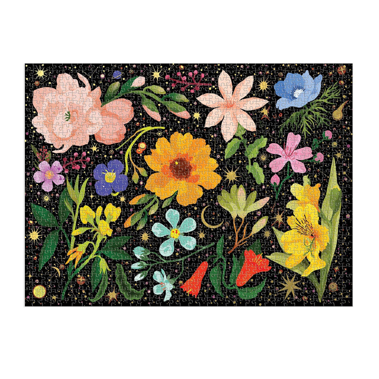 Close-up of Intergalactic Flora puzzle by Galison with 1000 pieces with colorful flowers and shimmering stars