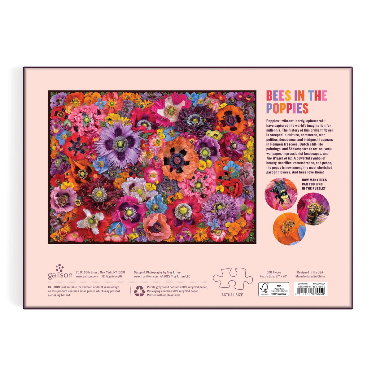 Back of the box of the Galison Bees in the Poppies 1000 piece jigsaw puzzle