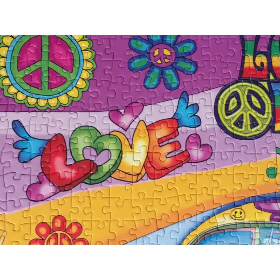 Illustration from Peace and Love puzzle featuring rainbow-hued "Love" text with hearts, peace signs, and flowers against a bright background