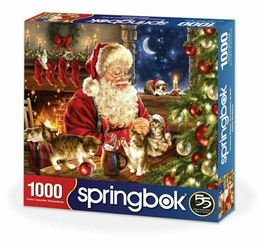 Christmas Kittens 1000 piece puzzle by Springbok featuring playful kittens with Santa in a festive holiday scene