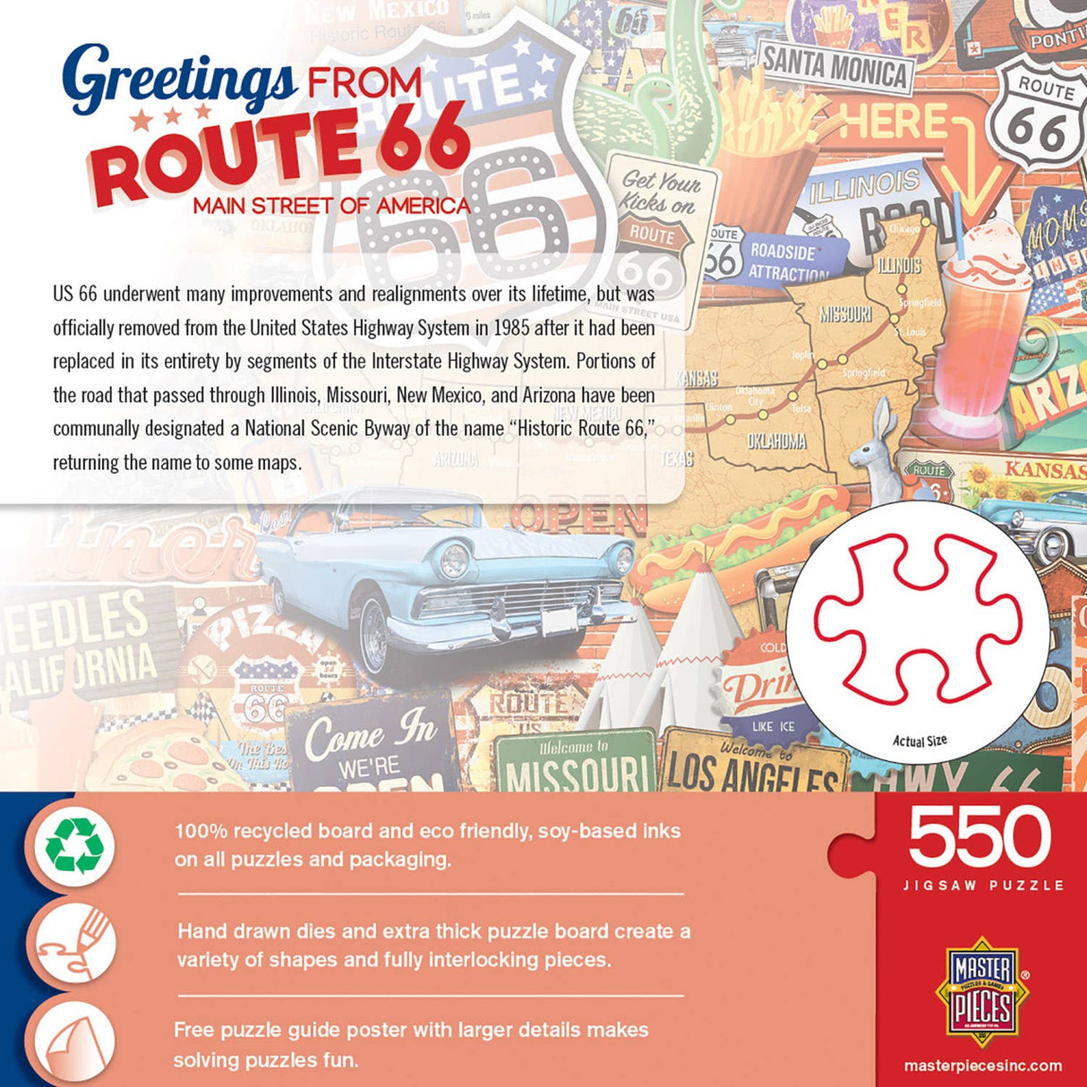 Greetings From Route 66 - 550 Piece Puzzle by MasterPieces | Historic American Highway Jigsaw Puzzle
