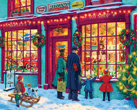 Toy Shop 1000 piece puzzle by Springbok featuring a festive Christmas toy shop with children window shopping