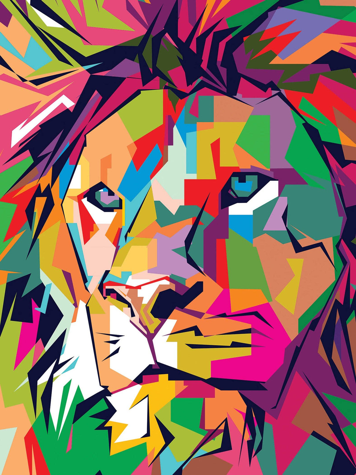 Close-up of Funky Lion 500 piece jigsaw puzzle featuring a bold, colorful lion portrait