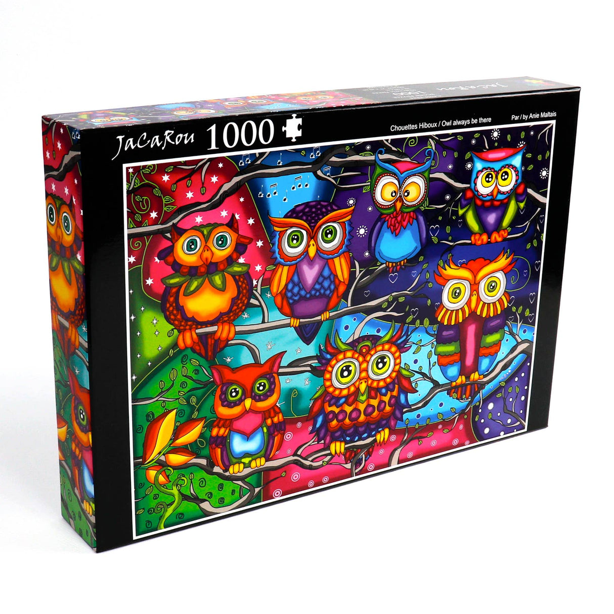 Whimsical owl-themed jigsaw puzzle by JaCaRou Puzzles with a vibrant design