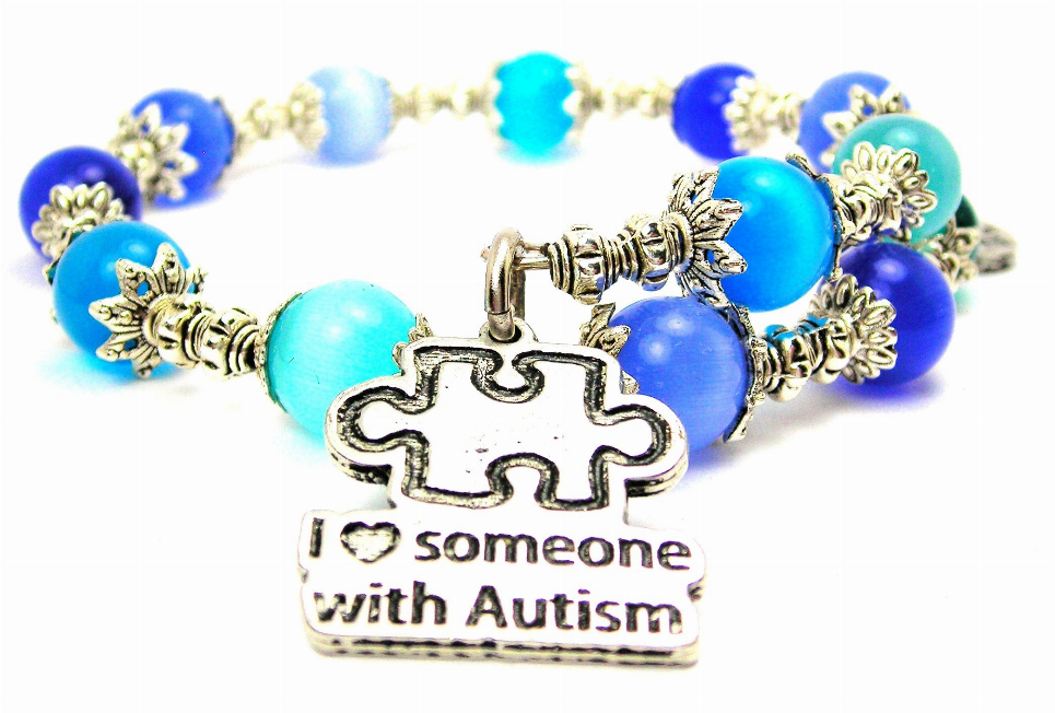 I Love Someone With Autism With Puzzle Piece Cat's Eye Beaded Wrap Bracelet