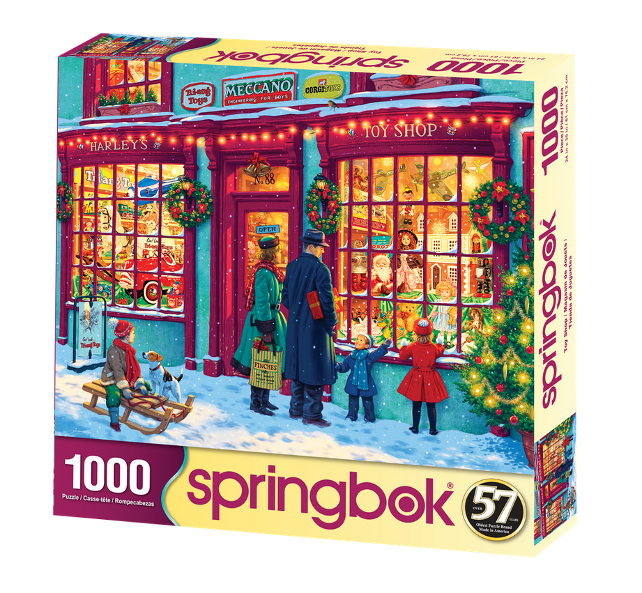 Toy Shop 1000 piece puzzle by Springbok featuring a festive Christmas toy shop with children window shopping and lots of detail