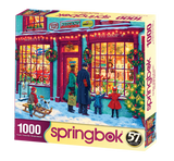 Toy Shop 1000 piece puzzle by Springbok featuring a festive Christmas toy shop with children window shopping and lots of detail