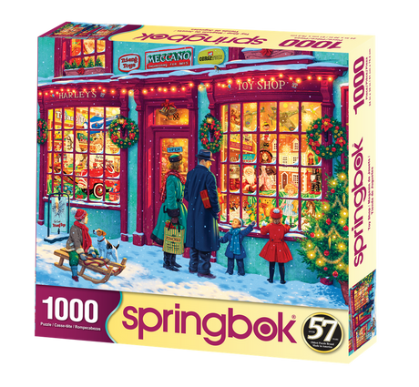 Toy Shop 1000 piece puzzle by Springbok featuring a festive Christmas toy shop with children window shopping and lots of detail