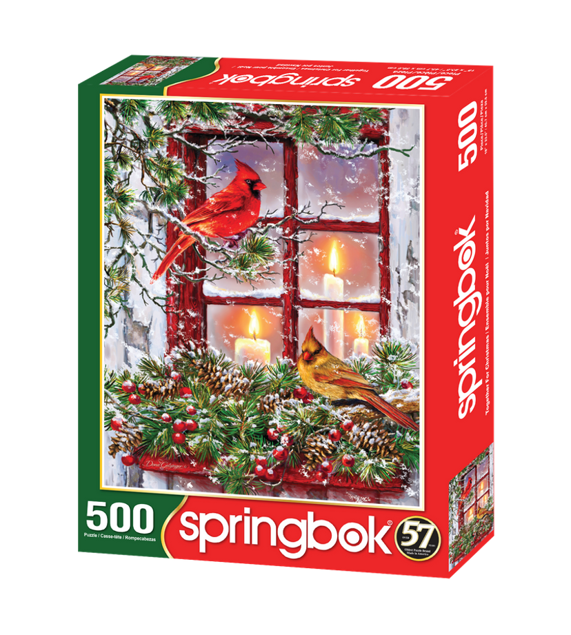 High-quality 500 piece jigsaw puzzle by Springbok featuring a charming Christmas scene with cardinals and garlands