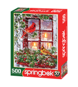 High-quality 500 piece jigsaw puzzle by Springbok featuring a charming Christmas scene with cardinals and garlands