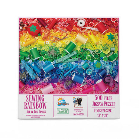 Colorful sewing notions puzzle featuring buttons, threads, and scissors