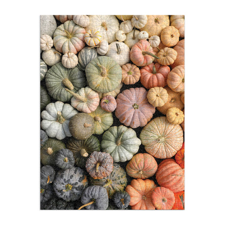 Completed Heirloom Pumpkins puzzle by Galison showcasing colorful pumpkins arranged beautifully