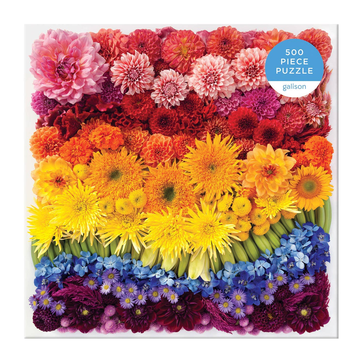 Galison Rainbow Summer Flowers puzzle box with insert of the full image included with 500 pieces