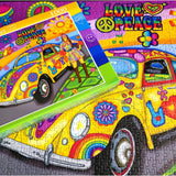 Completed Peace and Love puzzle by JaCaRou, showing details of the colorful van and cheerful peace symbols, ideal for fans of the 60s and hippie vibes.