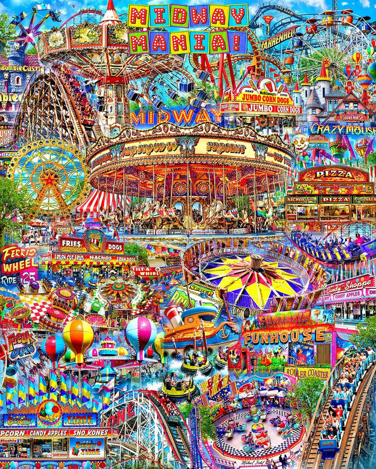 Midway Mania 1000 piece puzzle by Springbok featuring vibrant carnival rides and fair food collage with lots of details