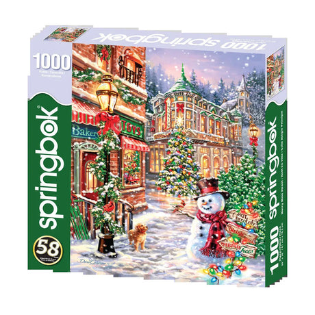 Close-up of Merry Main Street puzzle by Springbok pieces showing vibrant holiday decorations and cozy shops with 1000 pieces