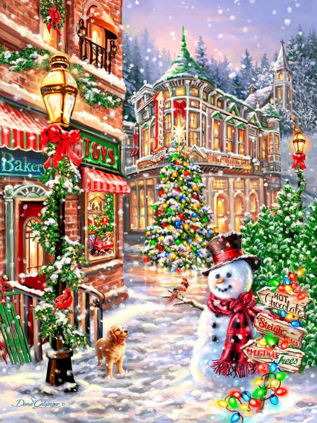 Merry Main Street 1000 piece puzzle  by Springbok featuring a nostalgic holiday main street scene with festive lights