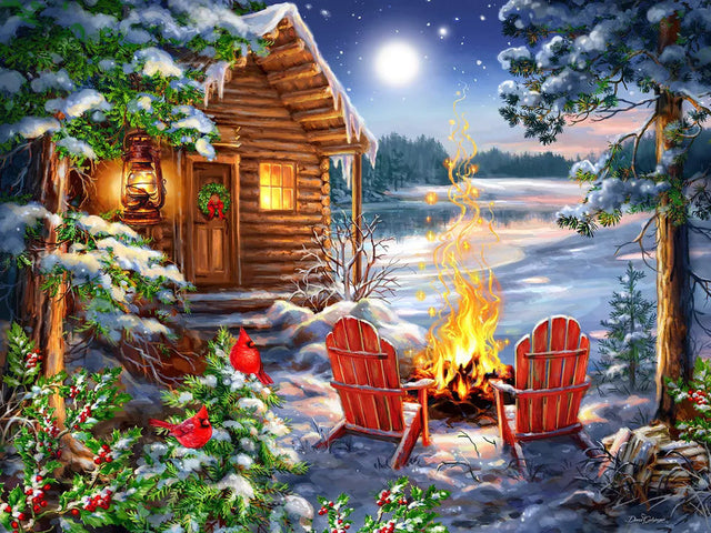 Christmas Cabin 500 piece puzzle by Springbok featuring a cozy cabin by the lake and winter stars