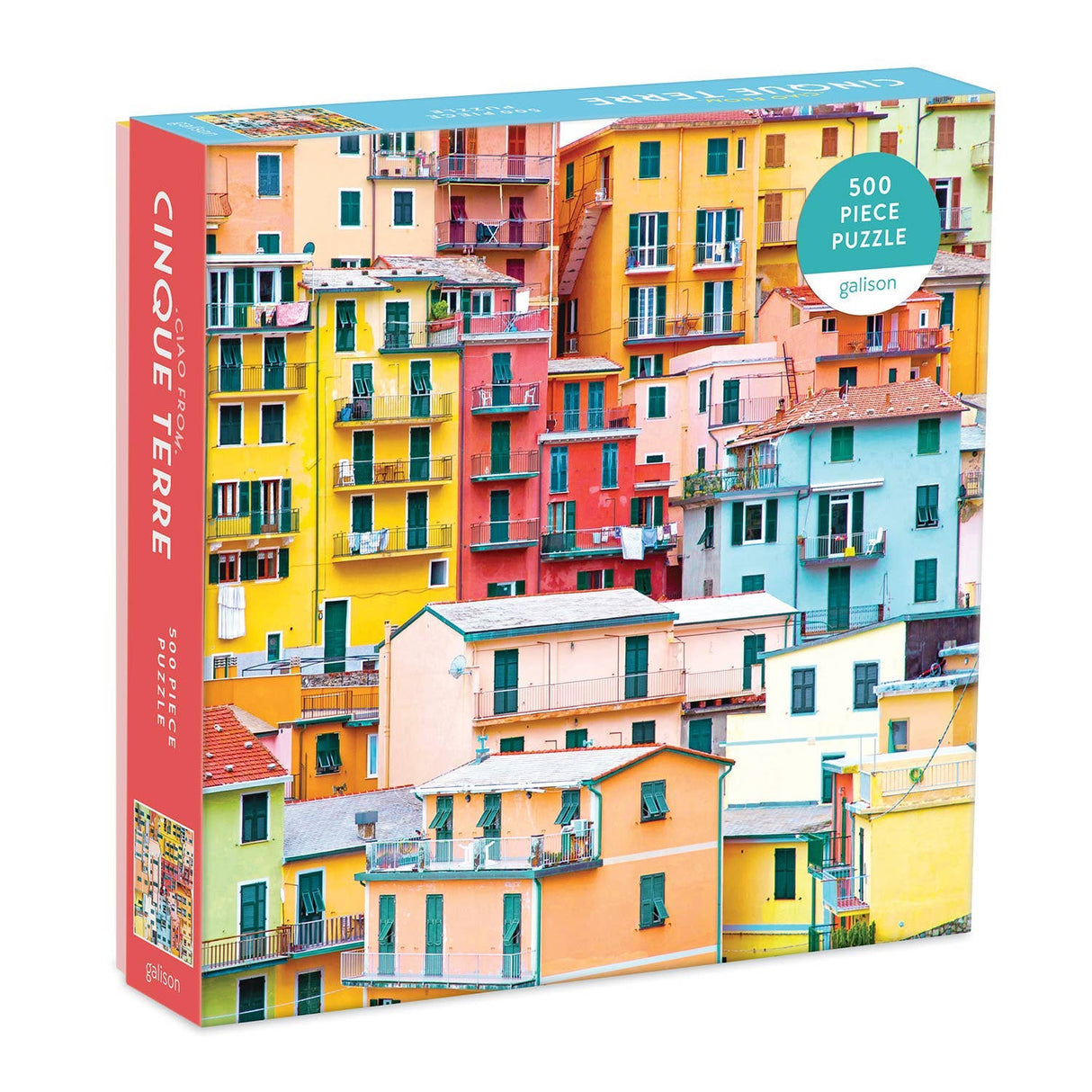 Ciao from Cinque Terre 500 piece puzzle from Galison featuring vibrant coastal scenery of Italy