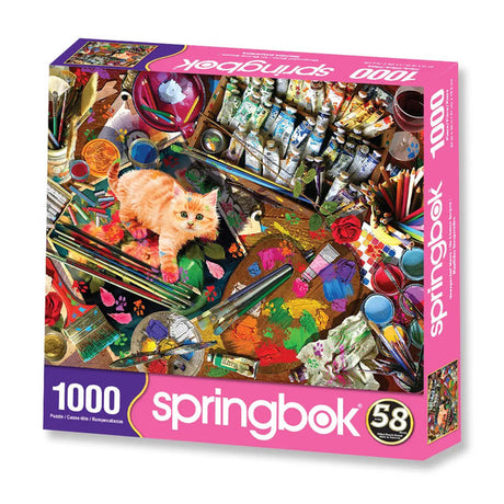 Orange kitten with art supplies on Springbok 1000-piece puzzle.