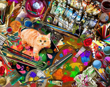 Playful cat with art supplies in a Springbok Puzzle with 1000 pieces