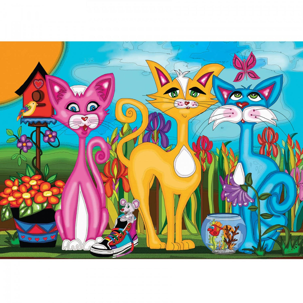 Rosy, Sunny & Sky 1000 piece jigsaw puzzle with colorful cat and garden design