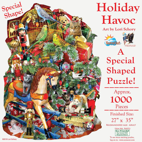 Santa’s toy bag-shaped 1000 piece jigsaw puzzle featuring holiday toys