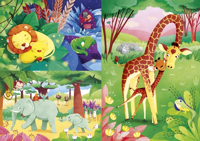 Jungle-themed puzzle pieces featuring giraffes, elephants, and lions