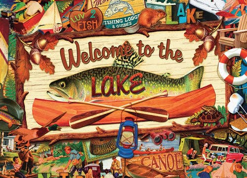 Box of Welcome to the Lake puzzle showcasing vibrant lake scene by Kate Ward Thacker