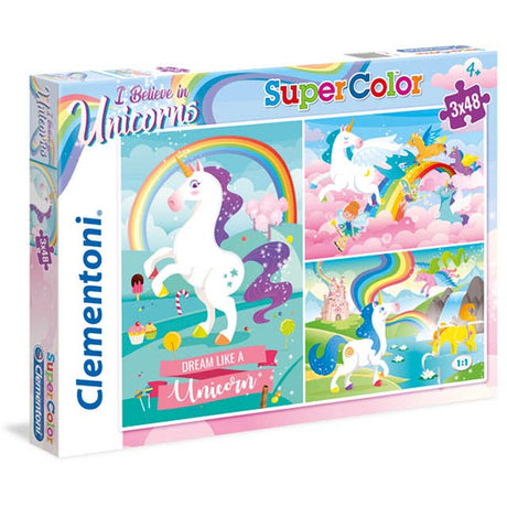 Colorful unicorn puzzle for kids with three puzzles in one by Clementoni. 