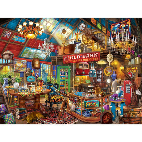 Completed Shopkeepers - Hidden Gems puzzle showing an antique store in a rustic barn by Masterpieces