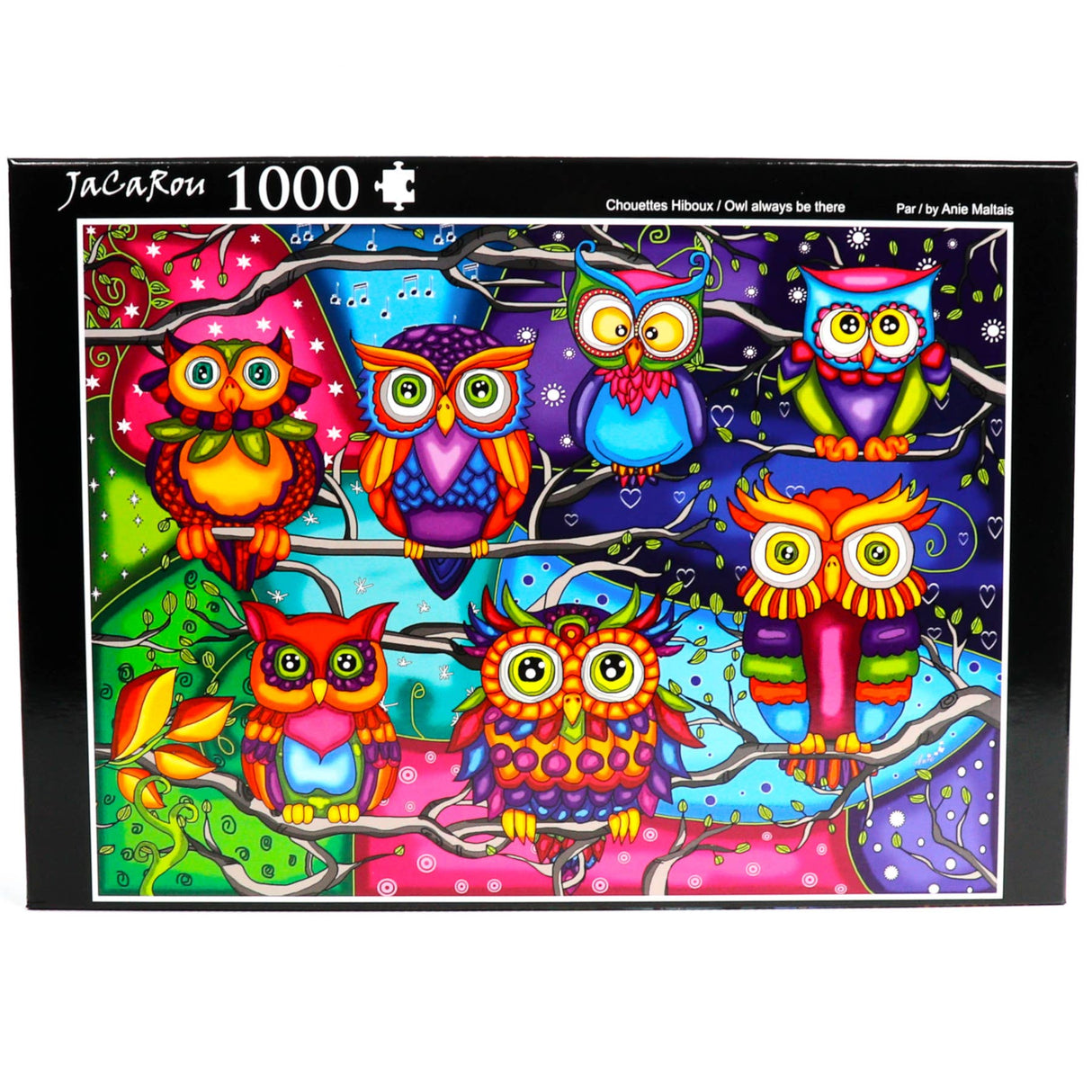 Colorful Owl Puzzle by JaCaRou Puzzles - Owl Always Be There, 1000-piece jigsaw featuring whimsical owls perched on branches under a starry night sky.