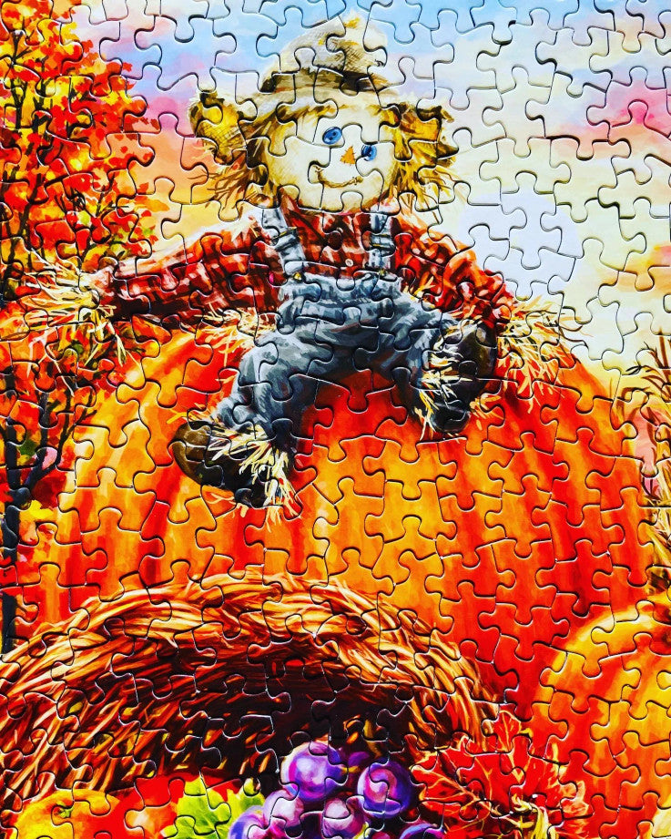 Completed Harvest Cornucopia puzzle showcasing vibrant fall colors and cozy scene - 500 pieces by Springbok Puzzles