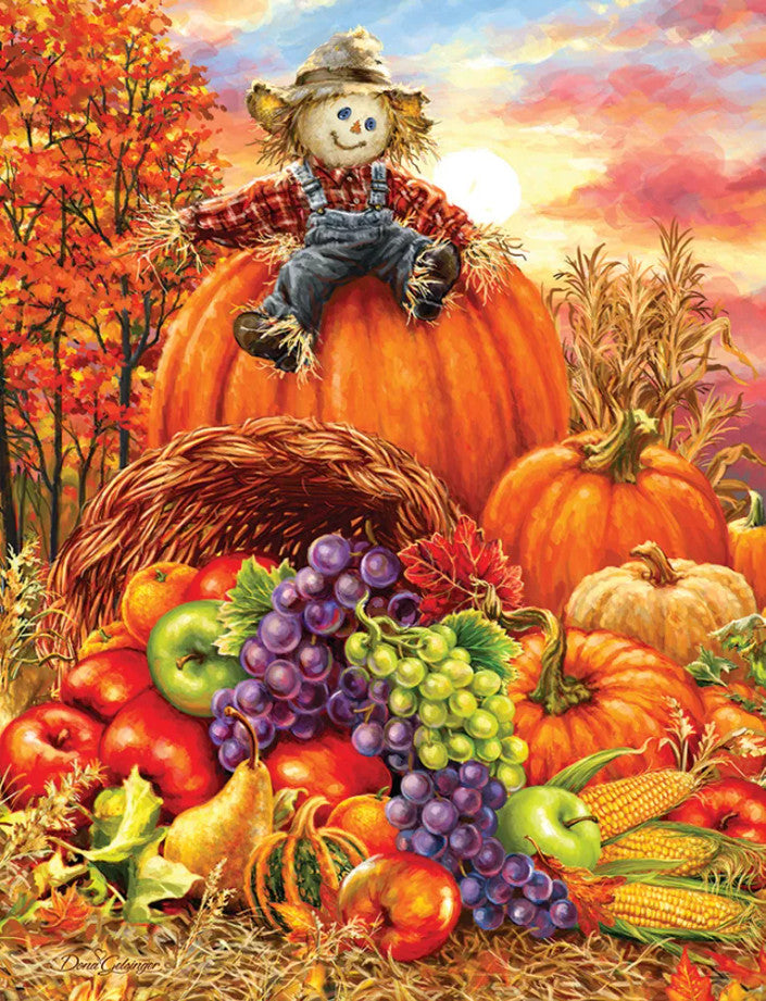 Harvest Cornucopia 500 piece puzzle featuring a bountiful fall scene with cornucopia and scarecrow by Springbok