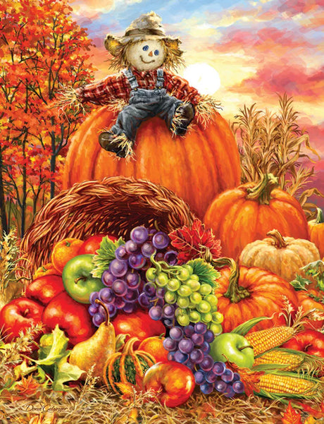 Harvest Cornucopia 500 piece puzzle featuring a bountiful fall scene with cornucopia and scarecrow by Springbok