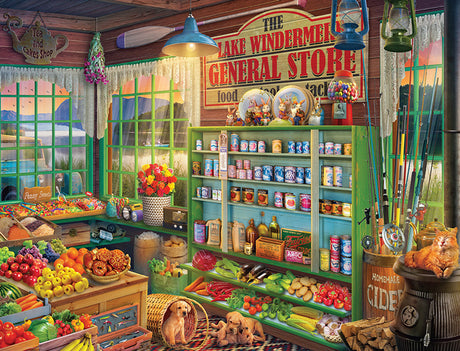 Close-up of Lake Windermere General Store 500 puzzle pieces by Springbok with vintage details and produce