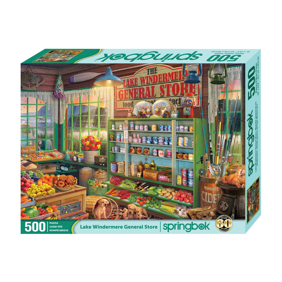 Lake Windermere General Store 500 piece puzzle by Springbok featuring a cozy lakeside general store