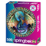 Dragon Heart 500 piece round puzzle featuring a colorful dragon and glowing heart